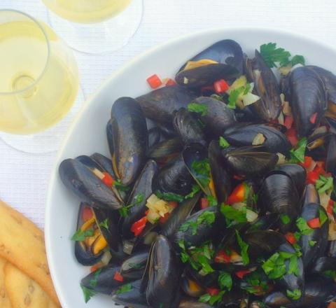 Moules et poivron rouge à la plancha