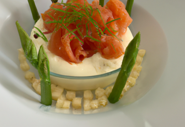 Panna cotta d'asperges, fromage de chèvre au saumon, tartare de grany