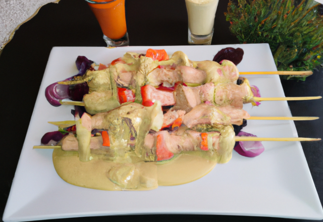 Brochette mixte bœuf-poulet, sauce au Cantal Vieux