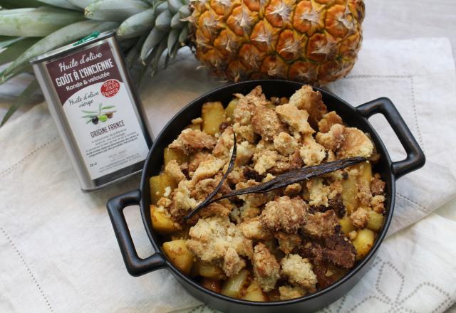 Compotée de fruits exotiques, crumble à l'huile d'olive