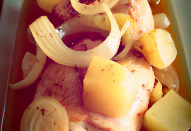 Chapon aux pommes et oignons mijotés au champagne