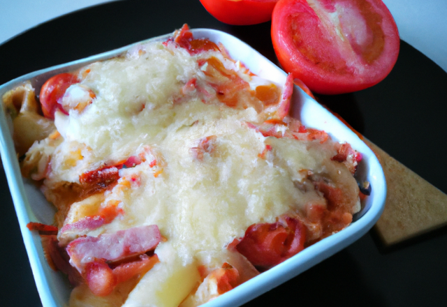 Gratin de pâtes au jambon de Bayonne ,tomates confites et mascarpone