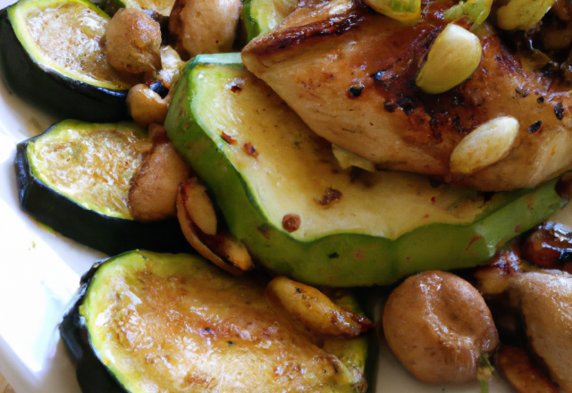 Poêlée de courgette et de pleurotes aux cacahuètes grillées