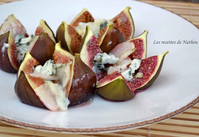 Figues rôties aux poires, roquefort et miel