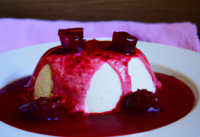 Quenelle au coulis de fruit rouge sur un lit de mousse au chocolat blanc épicé