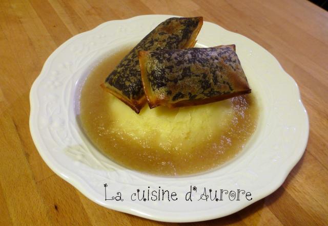 L'île aux trésors : nems de boudin noir sur purée de pomme de terre, nage de poire