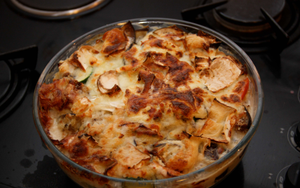 Gratin d'aubergines, courgettes, chèvre