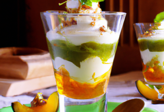 Verrine de pêches au sirop de thé vert et au fromage blanc