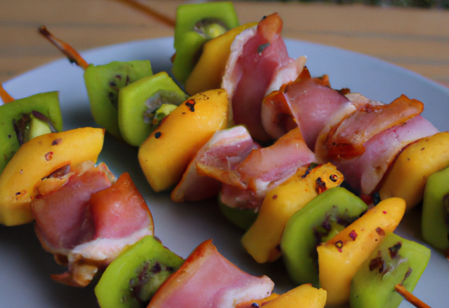 Brochettes de jambon cru à la papaye et au kiwi