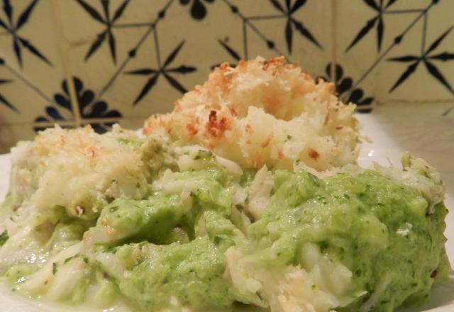 Parmentier de poisson aux purées de brocoli et pomme de terre