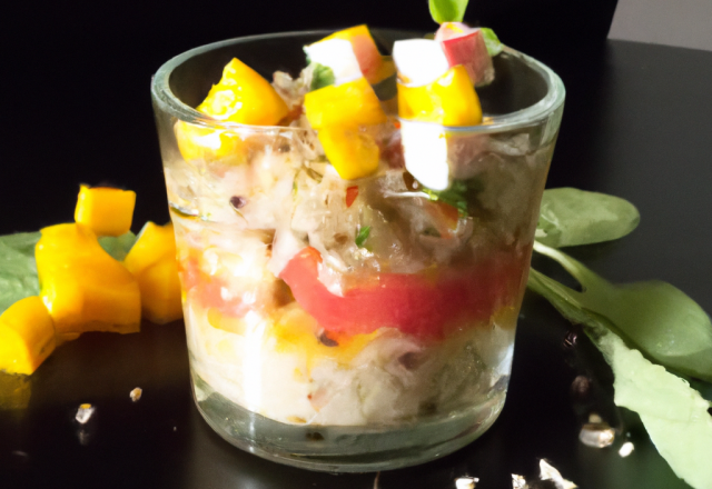 Verrine de quinoa petite salade de surimi, mangue et graines germées