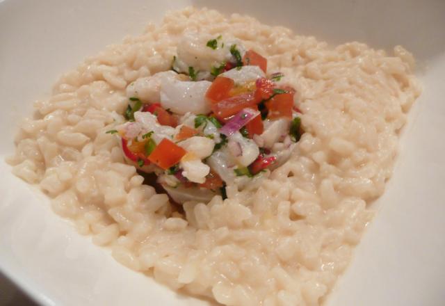 Ceviche de mérou et cabillaud à l'orange et aux piments sur risotto au romarin