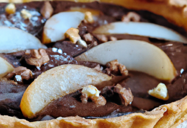 Tarte au chocolat, poudre de noisettes et poires