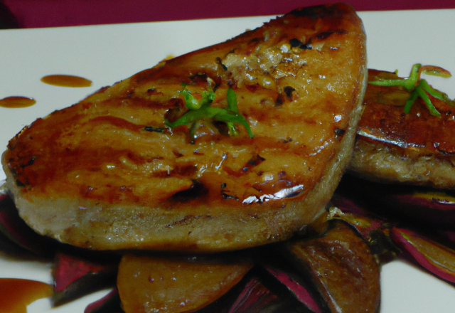 Escalope de foie gras de canard à la plancha, réduction de pineau rouge et gingembre