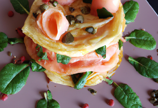 Milles feuilles de saumon fumé et st jacque , sauce parfumé aux baies rose