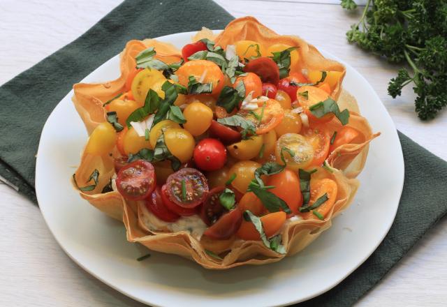 Tarte à la tomate et fromage frais en feuilles de brick