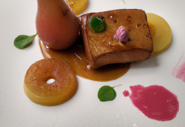 Foie gras poêlé au cacao, sauce au pineau des charentes et gelée d'espelette, poêlée de poires aux fruits confits