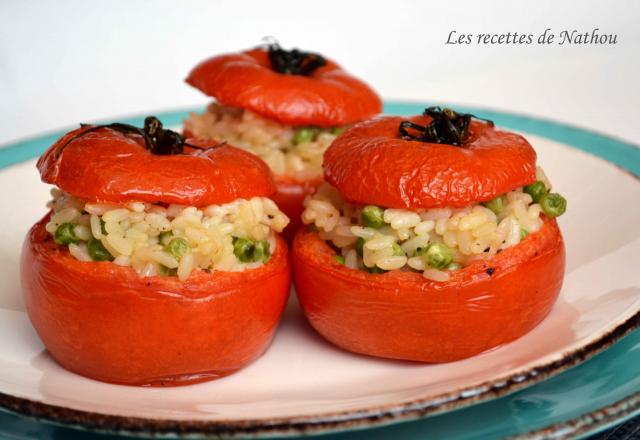 Tomates farcies au risotto, mascarpone, parmesan et petits pois