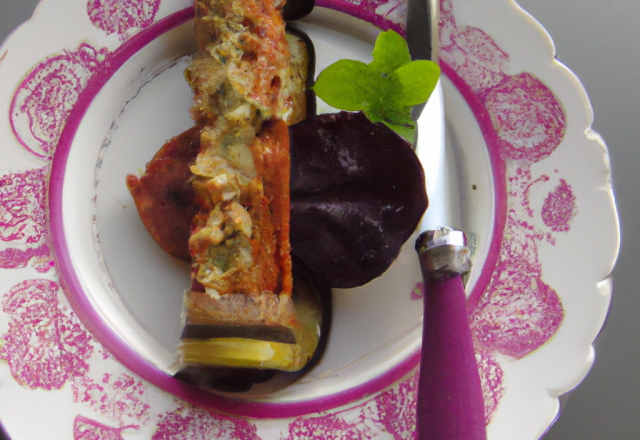 Feuilleté aubergines, bacon et tartare