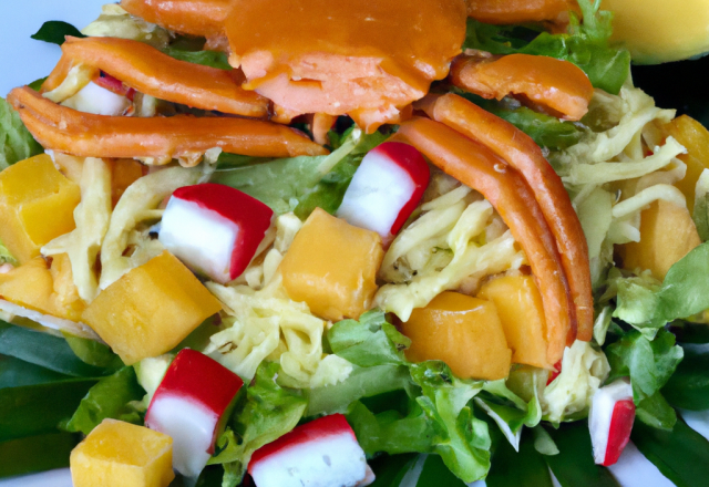 Salade exotique de pates aux crabe et à la mangue