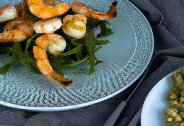 Luigine au pesto de roquette et crevettes grillées