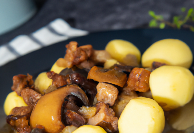 Fricassée de pommes de terre, champignons aux raisins