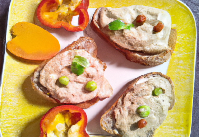 Tartines de mousse de brebis sur lit de poivrons marinés