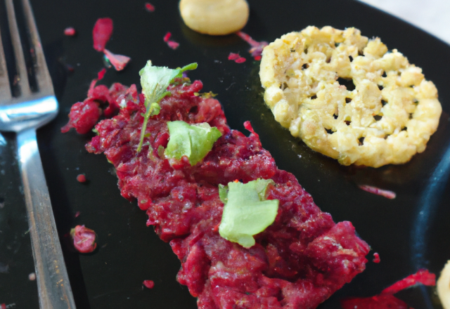 Bobine de bœuf et huîtres en tartare, croustillant de pomme et betterave crue