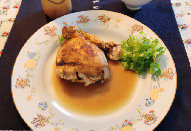 Poulet fermier bio bien doré jus de cuisson fleur de sel