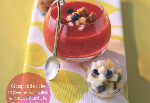 Gaspacho fraise-tomate et croustillant