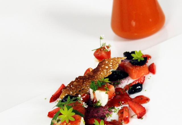 Gaspacho très fruité et olives noires Pastèque rôtie et feta marinée