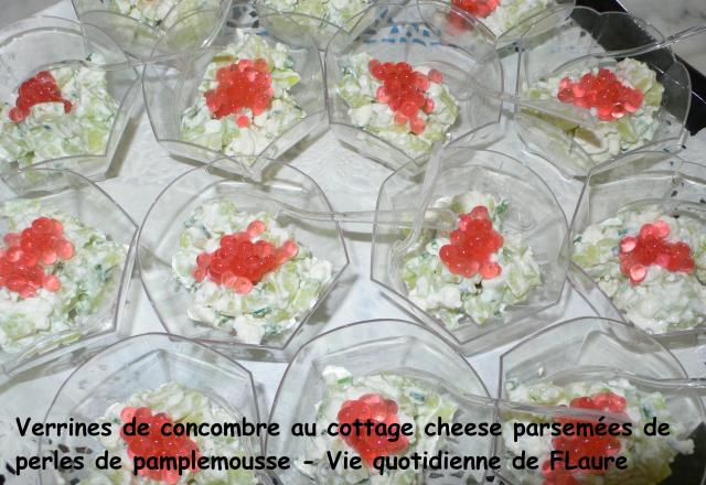 Verrine de concombre au cottage cheese parsemé de perles de pamplemousse