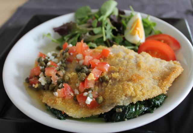 Aile de raie meunière et sur ses pouces d'épinards et sa sauce vierge fraîcheur.