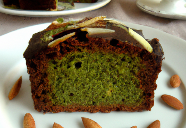 Cake au thé vert, chocolat et amandes