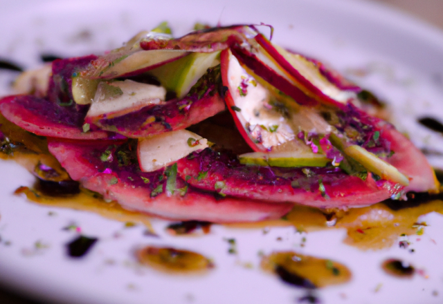 Carpaccio de pommes et sirop de fraise à la violette