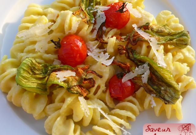 Pasta à la crème de courgette safranée, fleurs et tomates cerises