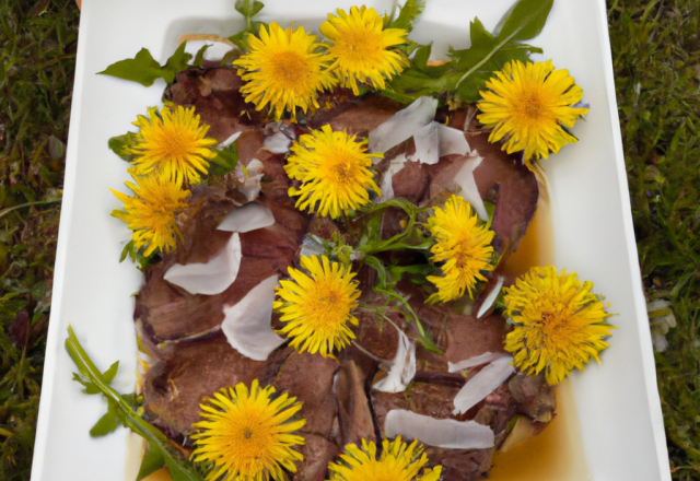 Carpaccio de bœuf sur lit de pissenlits chauds