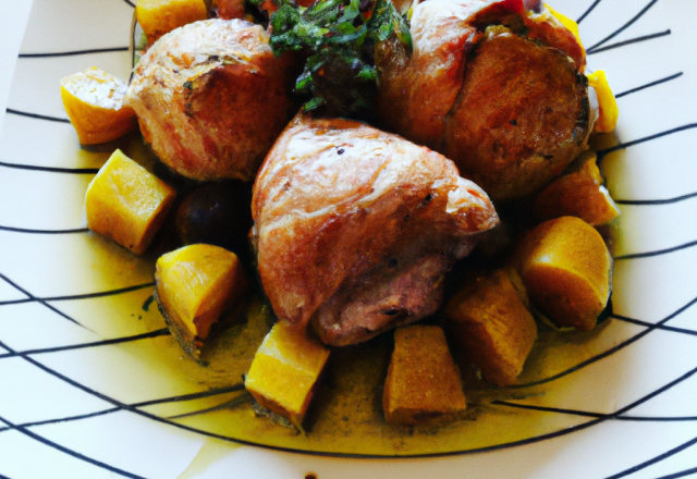 Chapon huilé à la truffe, farce au foie gras