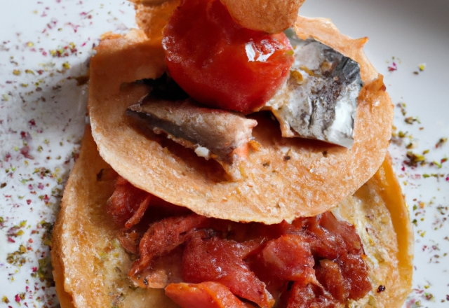 Filet de rouget et tomate séchée sur un blinis au pistou, et tuile de parmesan