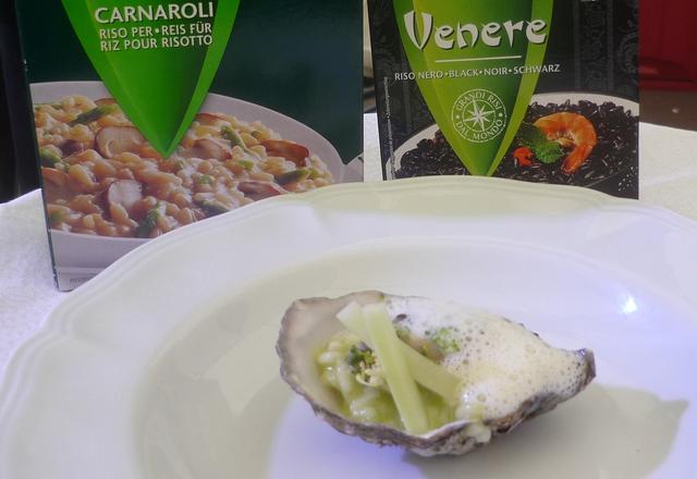 Huître Gilardeau, risotto Riso Gallo au broccoli et wazabi, émulsion de jus d'huître