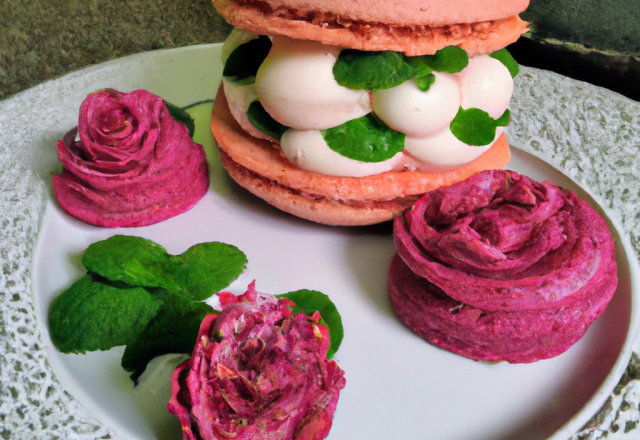 Macaron géant aux framboises et à la chantilly au basilic