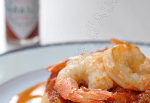 Crevettes sautées, concassé de tomates, purée de patate douce... le tout relevé au Tabasco