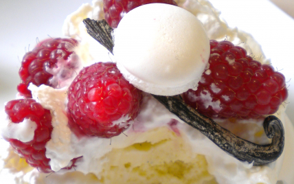 Vacherin, glace à la vanille maison et coulis de framboises