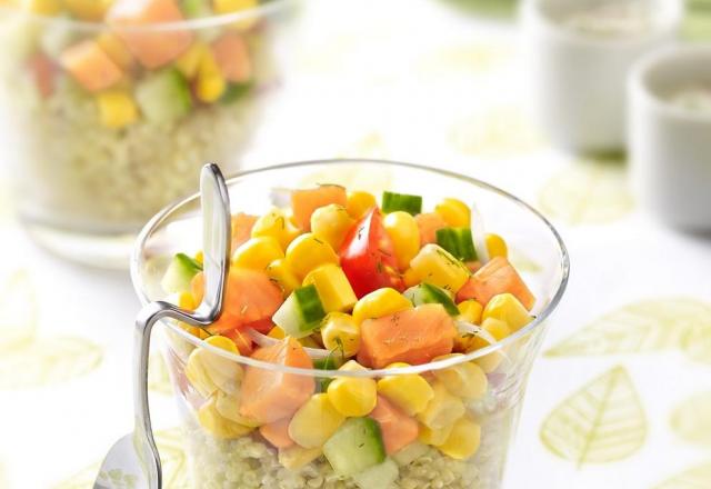 Verrine fraîcheur de maïs au quinoa et au saumon fumé