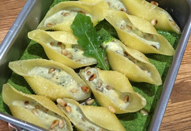 Conchiglioni farcies au bleu d'Auvergne et émulsion verte à la roquette