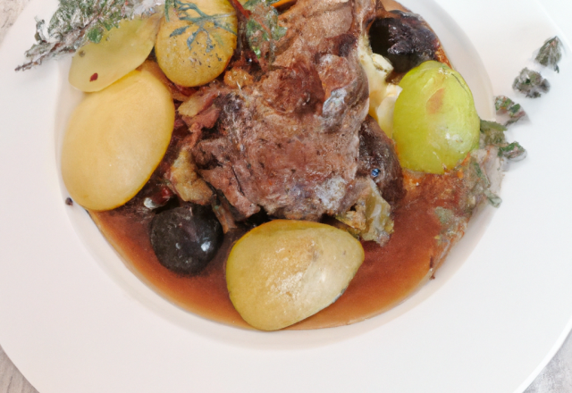 Canon d'agneau au thym citron, pommes savonnettes et cébettes, vrai jus