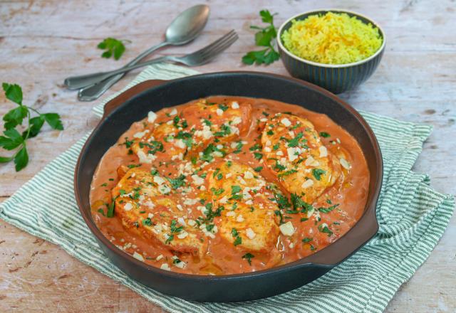 Filets de poulet à la crème, sauce tomate et riz pilaf