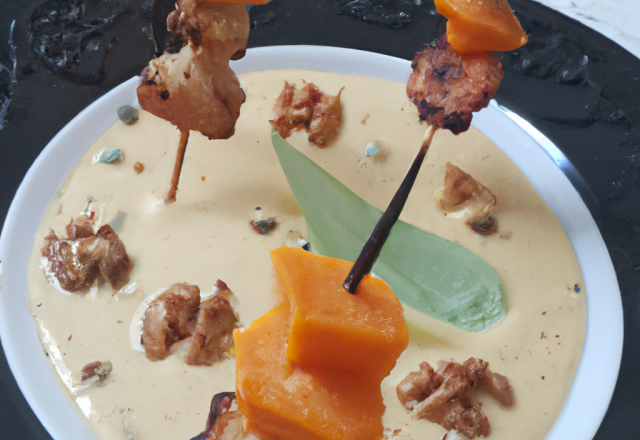 Brochettes de Saint Jacques & noix de pécans avec son velouté de potimarrons