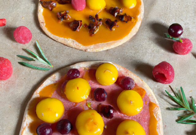 Pizzete à la mangue et au miel de baies roses