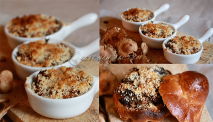 Compotée de lapin aux mousserons gratinée aux noisettes en coque de brioche perdue